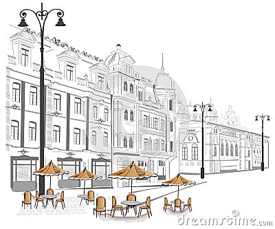 Series of sketches of streets in old city Vector Illustration