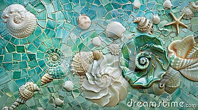 A series of smaller panels featuring a variety of seashell shapes in shades of sea green and turquoise arranged in a Stock Photo