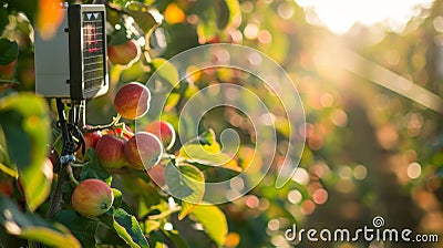 A series of solarpowered sensors strategically p throughout an orchard collecting data on weather soil and tree growth Stock Photo