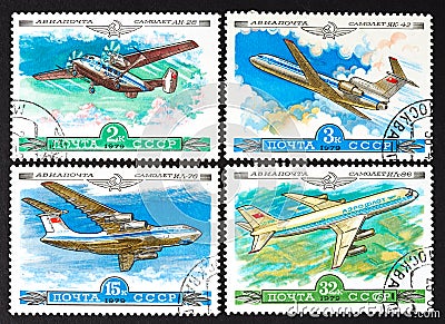 Series of stamps printed in USSR, shows airplanes, CIRCA 1979 Editorial Stock Photo