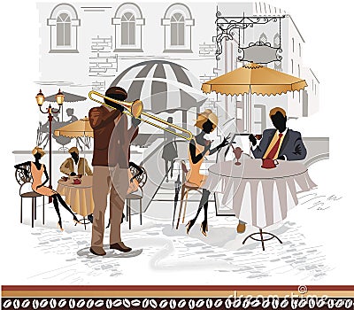 Series of street cafes in the city with musicians Vector Illustration