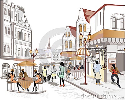 Series of street cafes in the city with people Vector Illustration