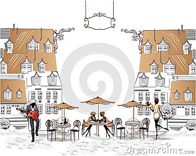 Series of street cafes in the city with people drinking coffee Vector Illustration