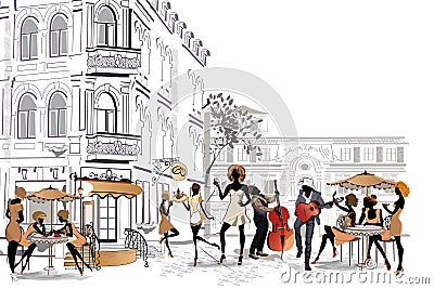 Series of street cafes in the city with people drinking coffee Vector Illustration