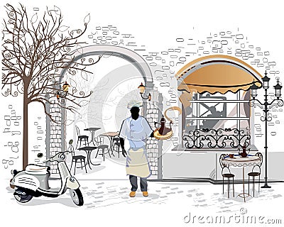 Series of the street cafes with a cook Vector Illustration