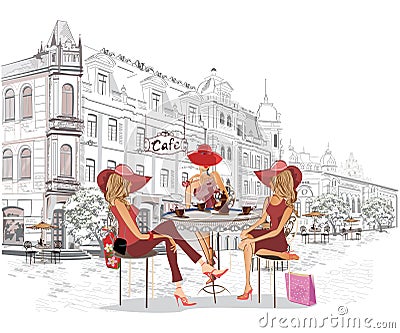 Series of the street cafes with fashion girls in the old city. Vector Illustration