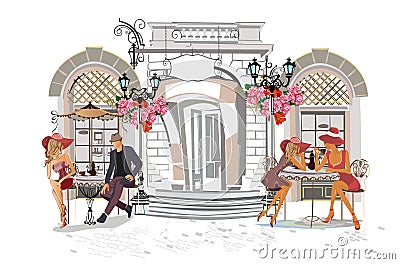 Series of the street cafes with fashion people. Vector Illustration