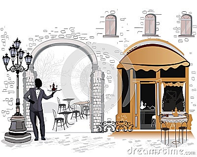 Series of the street cafes with a waiter Vector Illustration