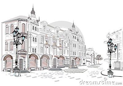 Series of street views in the old city. Vector Illustration