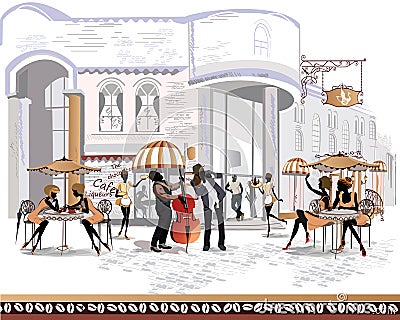 Series of street views in the old city with people Vector Illustration