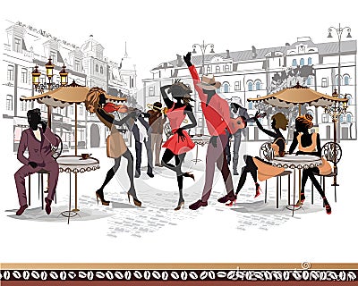 Series of the streets with musicians and dancing couples in the old city. Vector Illustration