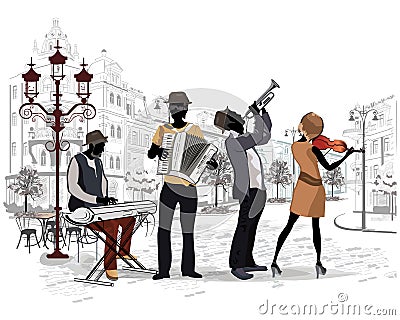 Series of the streets with musicians. Vector Illustration