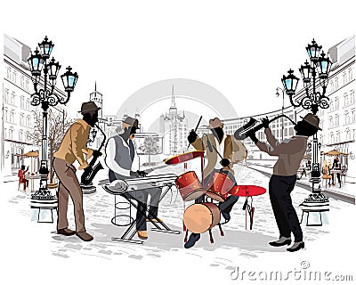 Series of the streets with musicians in the old city. Vector Illustration