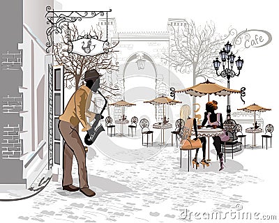 Series of the streets with musicians in the old city Vector Illustration