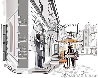 Series of the streets with people in the old city Vector Illustration