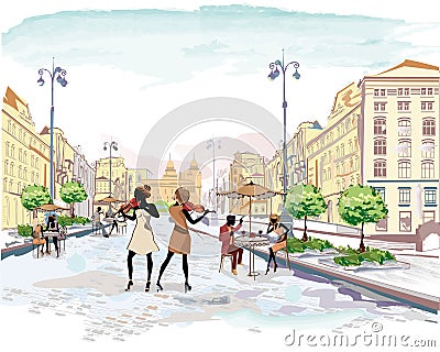 Series of the streets with people in the old city Vector Illustration