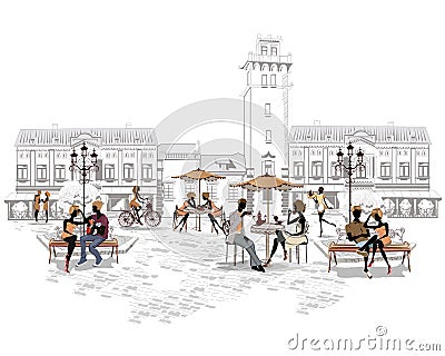 Series of the streets with people in the old city, street cafe Vector Illustration