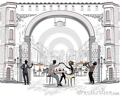 Series of the streets with people in the old city, street cafe Vector Illustration