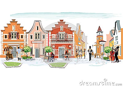 Series of the streets with people in the old city Vector Illustration