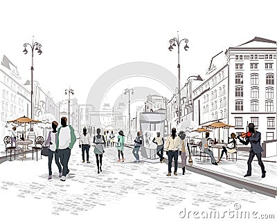 Series of the streets with people in the old city Vector Illustration