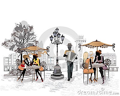 Series of the streets with people in the old city, street musicians with an accordion Vector Illustration
