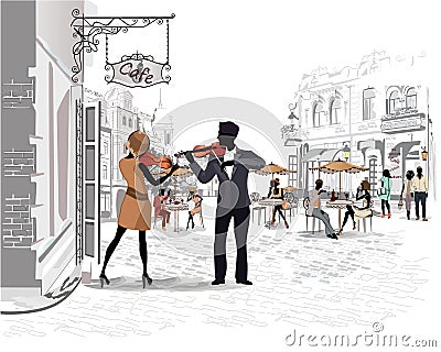 Series of the streets with people in the old city, street musicians Vector Illustration