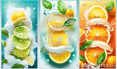 a series of three lemons, limes, and oranges Stock Photo