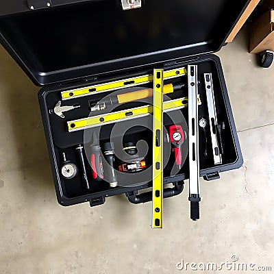 A series of tools for alignment and leveling displayed in a neat organized toolbox on a concrete floor Stock Photo