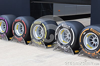 Series up of Pirelli F1 tires Editorial Stock Photo