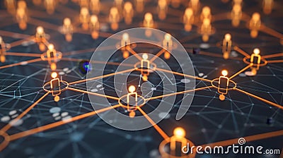 A series of user avatars linked together with glowing threads signifying the strong connections and interactions within Stock Photo