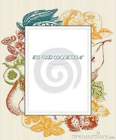 Series - vector fruit, vegetables and spices. Organic food menu. Set of vegetables, fruits and spices. Sketch Vector Illustration