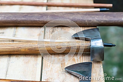 Series of viking battle axes a sharp and reliable weapon close-up Stock Photo