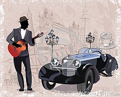 Series of vintage backgrounds decorated with retro cars, musicians, old town views and street cafes. Vector Illustration