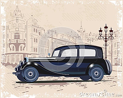 Series of vintage backgrounds decorated with retro cars and old city street views. Vector Illustration