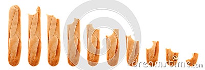 Series of whole and bitten baguette progressively Stock Photo