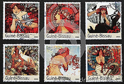 Series of women painted by Alfons Mucha on stamps Cartoon Illustration