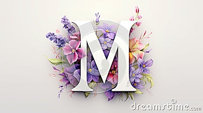 Serif Typeface Typographical Logo with Floral Design Featuring Letter 'M'. Spring, Summer Stock Photo