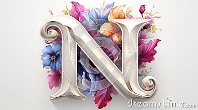 Serif Typeface Typographical Logo with Floral Design Featuring Letter 'N'. Spring, Summer Stock Photo