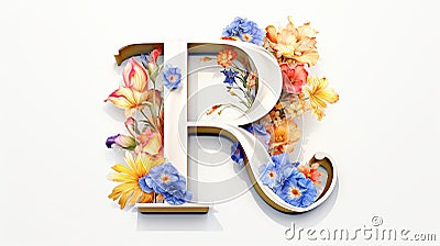 Serif Typeface Typographical Logo with Floral Design Featuring Letter 'R'. Spring, Summer Stock Photo