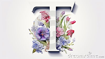 Serif Typeface Typographical Logo with Floral Design Featuring Letter 'T'. Spring, Summer Stock Photo