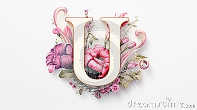 Serif Typeface Typographical Logo with Floral Design Featuring Letter 'U'. Spring, Summer Stock Photo