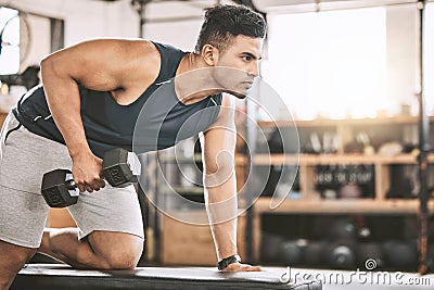 Serious bodybuilder lifting weights. Young athlete building strong muscles with dumbells. Focused healthy fit man doing Stock Photo