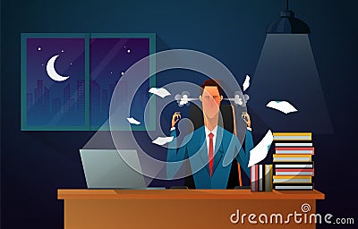 Serious boss. senior businessman sitting at his desk with angry face. business man working at the office until night Vector Illustration