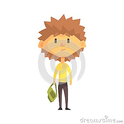 Serious Boy With Spiky Brown Hair, Primary School Kid, Elementary Class Member, Isolated Young Student Character Vector Illustration