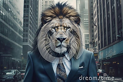 Serious business lion portrayed on a bustling city street. AI Stock Photo