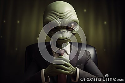 Serious business man green alien sitting at table with clasped hands, ready to listen you Stock Photo