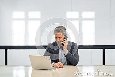 Serious business man in suit in office talk on phone. Office worker using phone, office call center. Man talk on phone Stock Photo