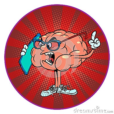 serious business negotiations by phone human brain character, smart wise Vector Illustration