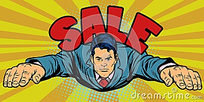Serious businessman flies, sales Vector Illustration