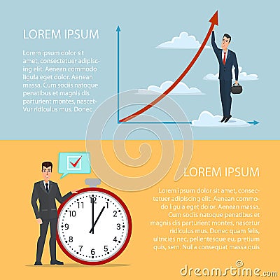 Serious businessman holding clock over head, for time management Vector Illustration